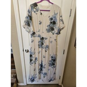 Roolee Cream Blue Floral V-Neck Cottagecore Lined Pockets Maxi Dress, Sz. XXXL